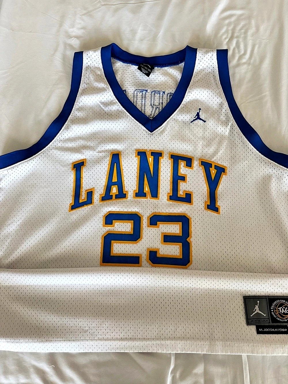 Jordan Laney High School 23 Jordan Swingman jersey White & Blue 3XL